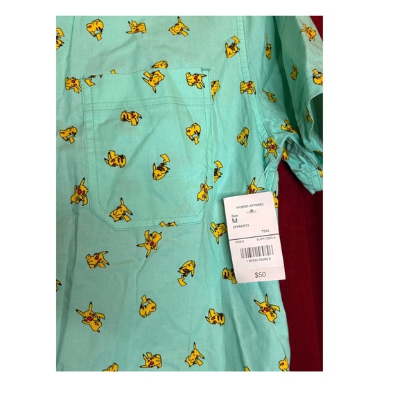 Pokemon Pikachu All Over Print Short Sleeve Button Up Shirt Men's Size M Teal - Picture 3 of 4